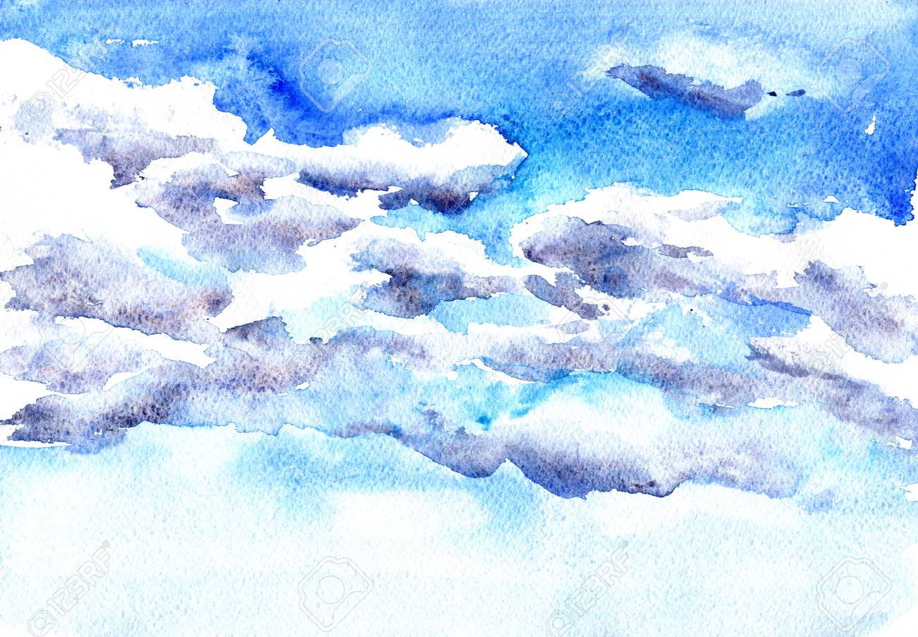 1300x902 Watercolor Drawing Clouds In Blue Sky, Hand Drawn Artistic