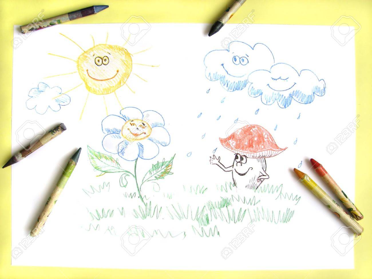1300x975 Kids Pencil Drawing Of Happy Sun, Clouds, Flower And Mushroom