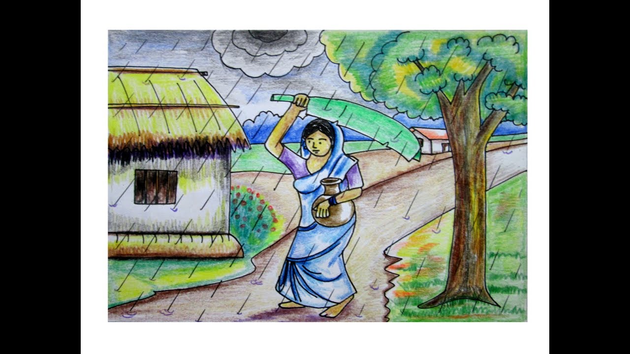 1280x720 Village Scenery Drawing In Rainy Day With Cloudy Sky