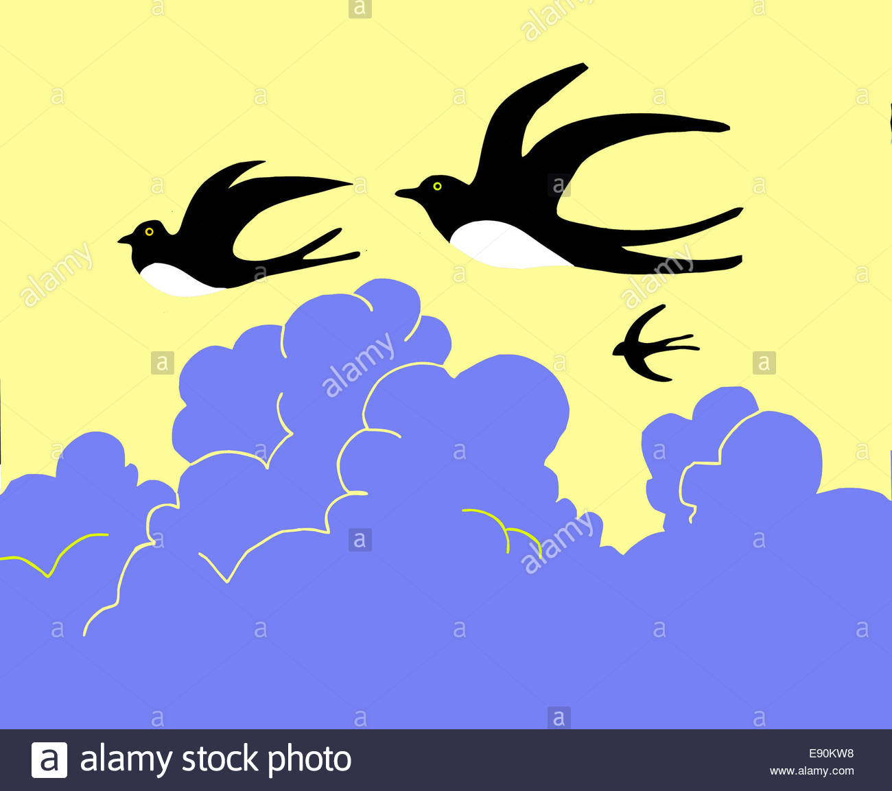 1300x1153 Drawing Swallow Flying To Cloudy Sky Stock Photo, Royalty Free
