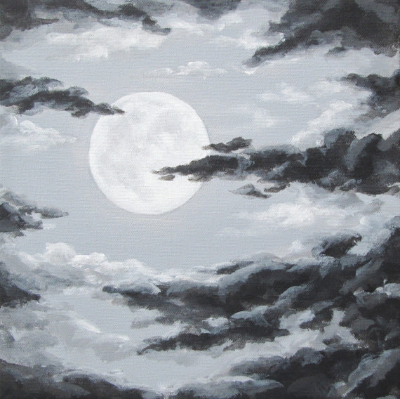 570x568 Original Night Sky Painting, Moon And Clouds, Cloudy Night Sky Art