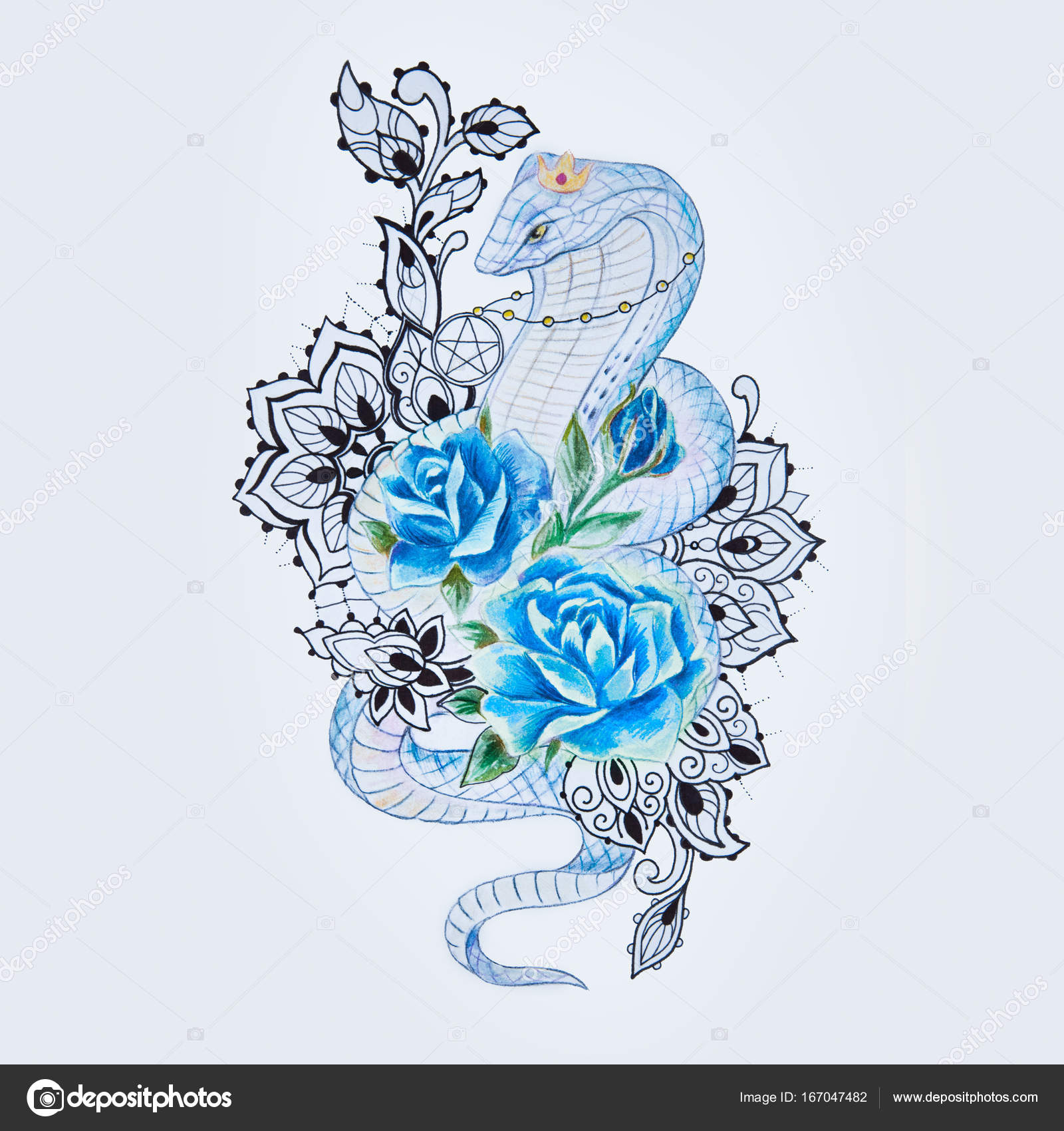 1600x1700 Sketch Of Snake Cobra With Blue Flowers On A White Background