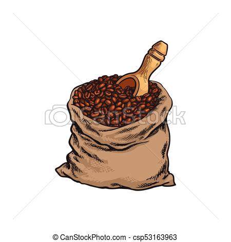450x470 Bag Of Roasted Coffee Beans With A Wooden Shovel. Cloth Bag