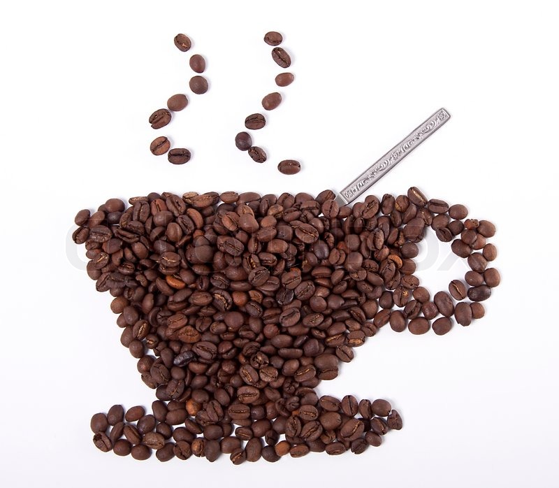 800x698 Coffee Cup With Spoon, Drawing Made Of Coffee Beans Isolated