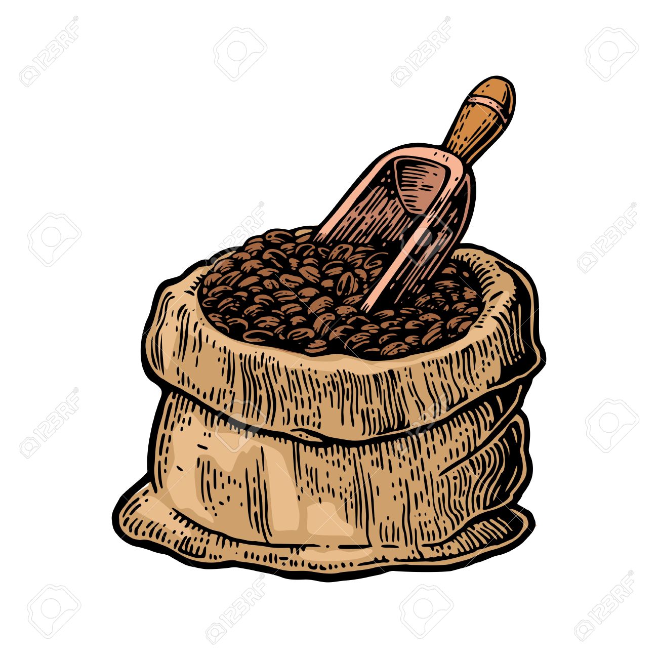 1300x1300 Sack With Coffee Beans With Wooden Scoop. Hand Drawn Sketch Style