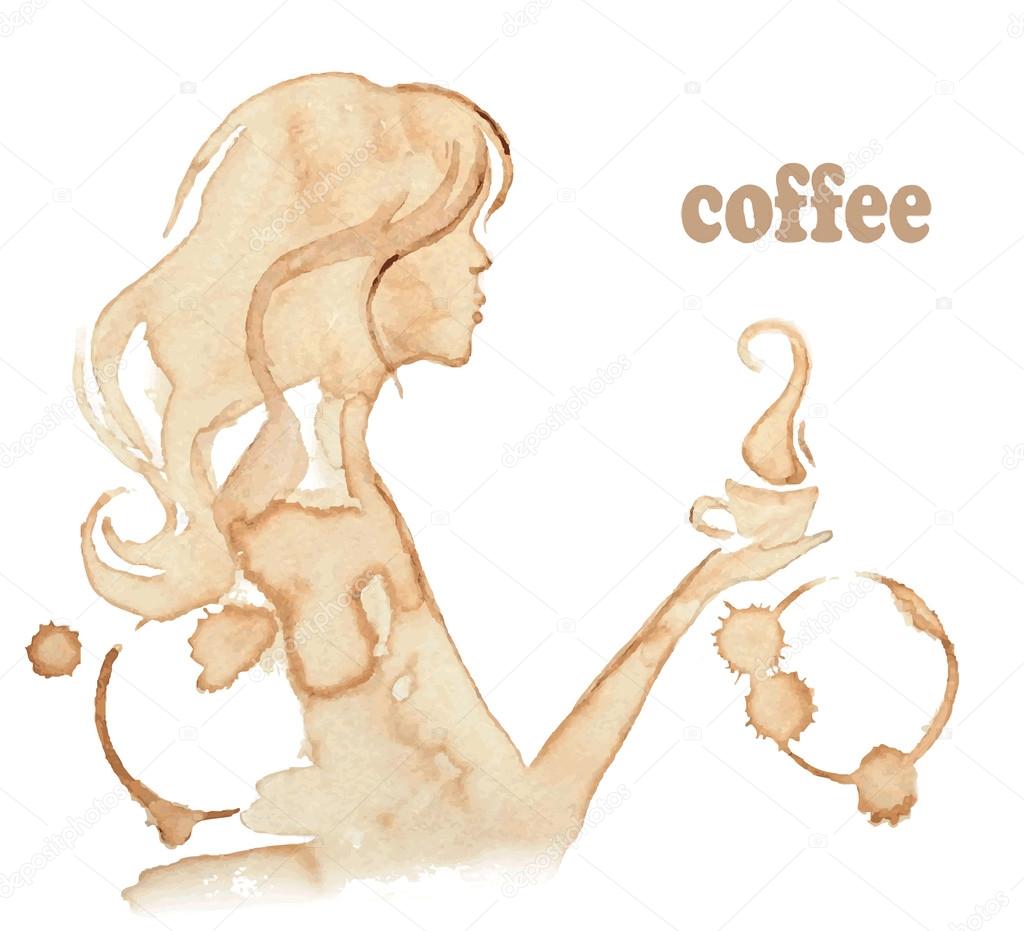 1024x931 Girl Drinks Coffee, Drawing With Coffee Stains Stock Vector