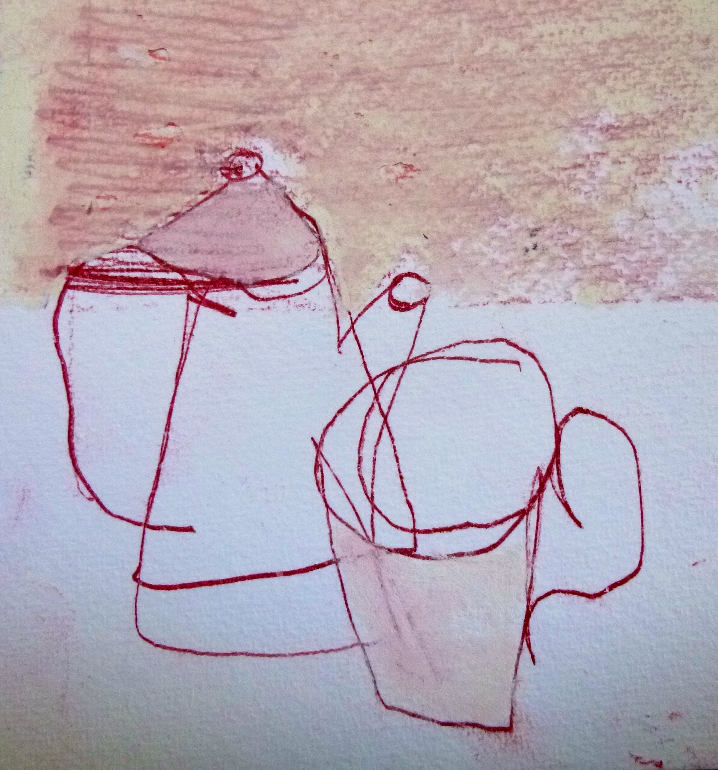 2313x2478 Coffee Pot And Mug. Stick Drawing With Red Carbon And Chalk