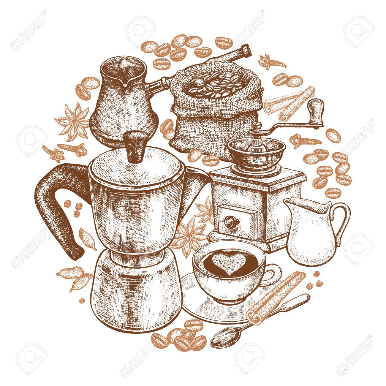 1300x1300 Kitchen Implements For Cooking Coffee. Vintage Hand Drawing