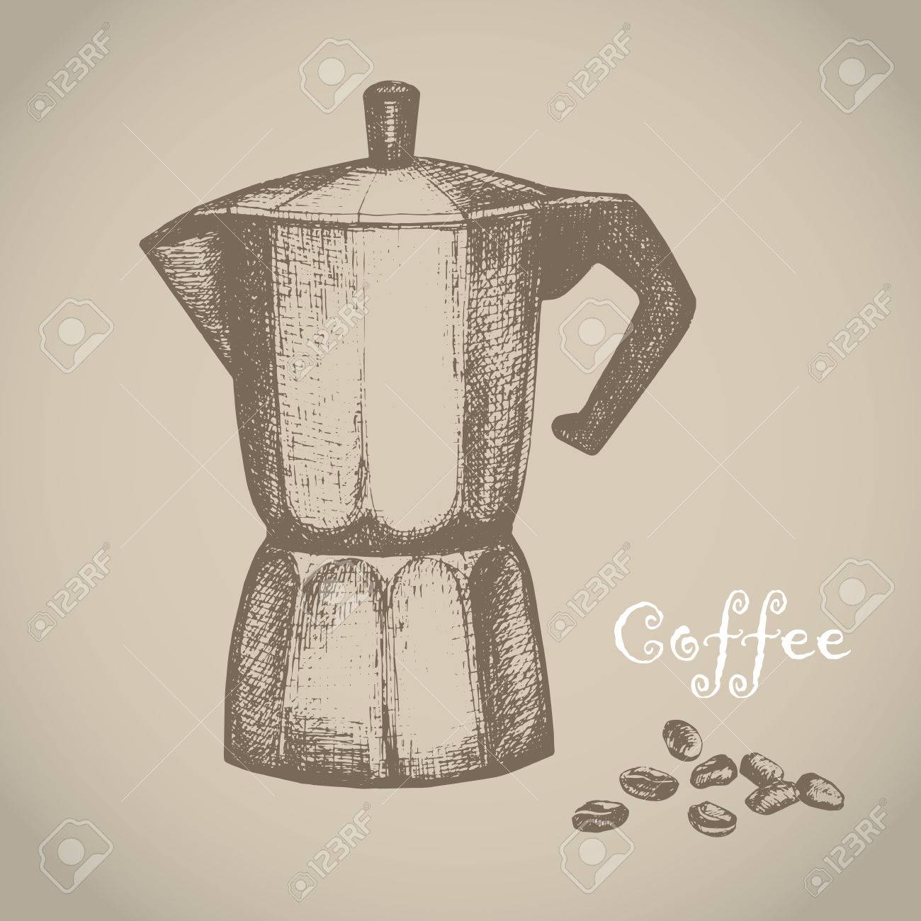 1300x1300 The Black Ink Drawing Of Coffee Maker Isolated On White Background