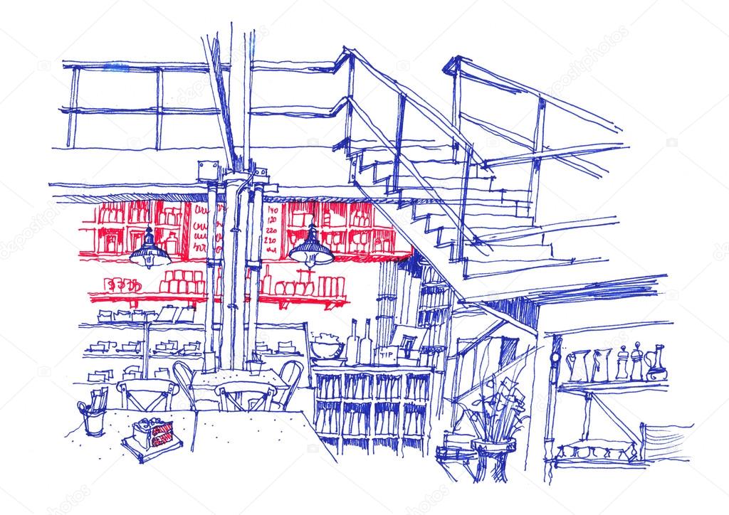 1024x724 Cafe Coffee Shop Interior Line Hand Drawing Stock Photo