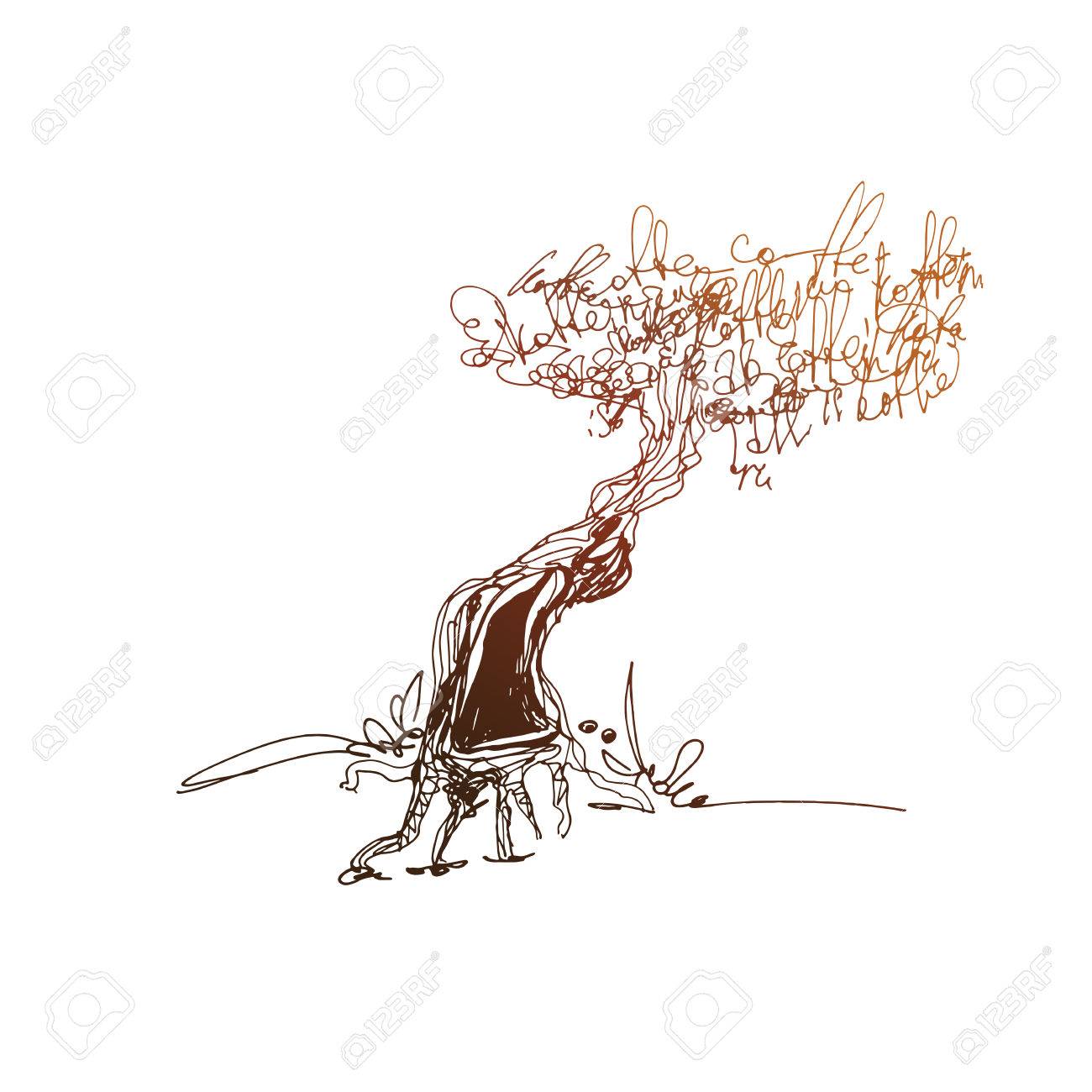 1300x1300 Coffee Tree Simple Vector Sketch. Linear Pen Drawing Vector
