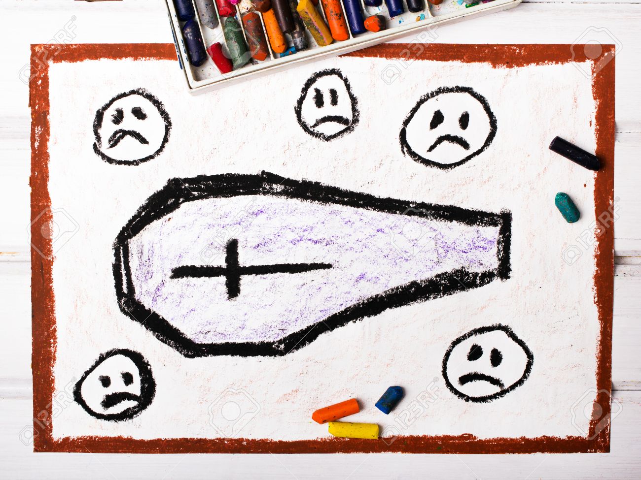 1300x975 Drawing Coffin Surrounded By Sad Faces Stock Photo, Picture