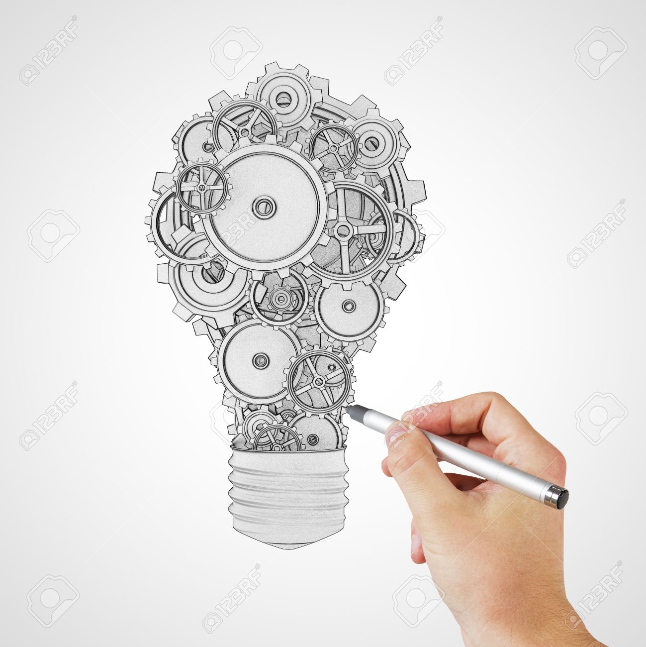 1299x1300 Hand Drawing Lamp With Gears Cogs Stock Photo, Picture