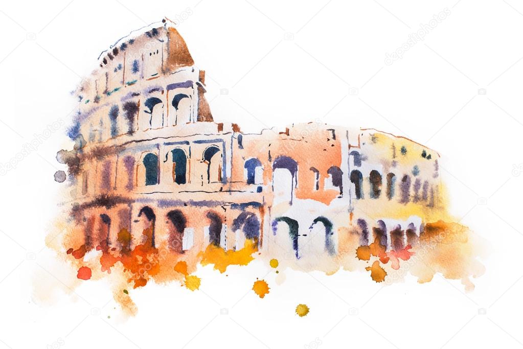 1023x683 Watercolor Drawing Of Coliseum In Rome Stock Photo Undrey