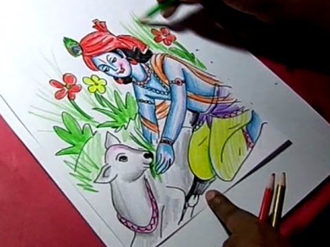 480x360 How Ro Draw Lord Krishna Giving Food To Cow Color Drawing