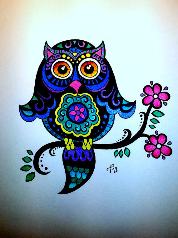 570x761 Bright Colorful Whimsical Owl Drawing Children's Style Fantasy Art