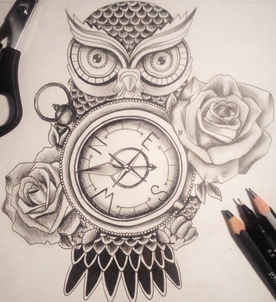568x621 Owl Compass Tattoo Design By Sophhammy