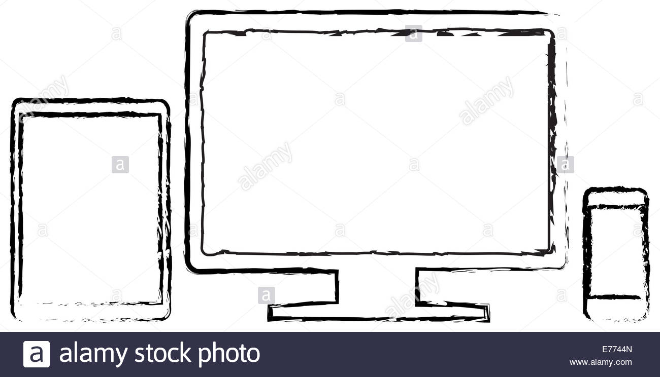 1300x744 Modern Monitor With Smart Phone And Tablet Doodle Drawing On White
