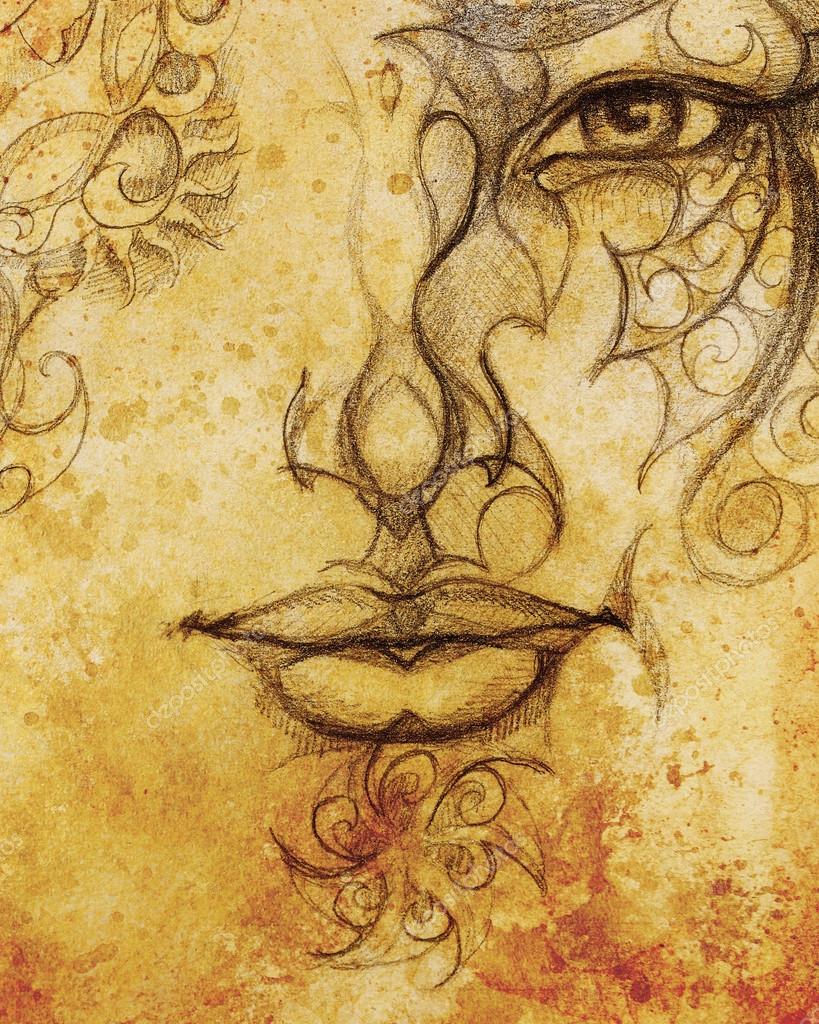 819x1024 Man Face With Ornament, Pencil Drawing, Eye Contact. Sepia Effect