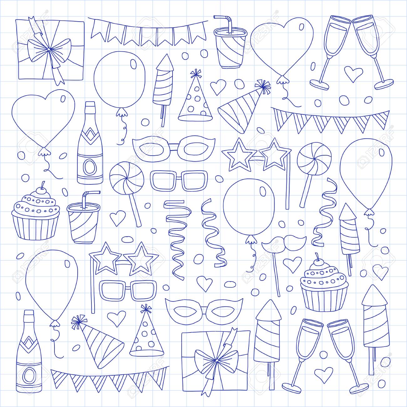 1300x1300 Set Of Birthday Party Design Elements. Kids Drawing. Doodle Icons