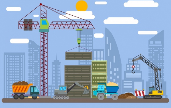 600x379 Construction Site Drawing Crane Vehicles Building Icons Free