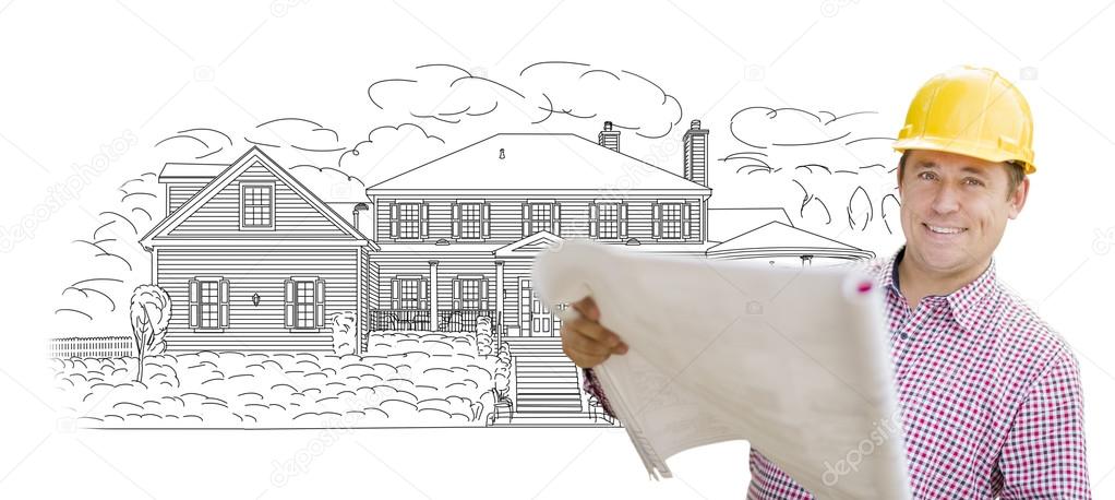 1022x458 Contractor Holding Blueprints Over Custom Drawing Stock Photo