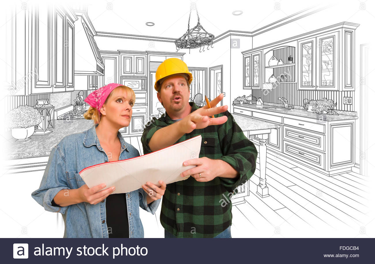 1300x915 Contractor Talking With Customer Over Custom Kitchen Drawing Stock