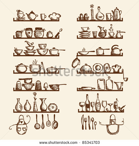 450x470 Kitchen Utensils On Shelves, Sketch Drawing For Your Design Fun