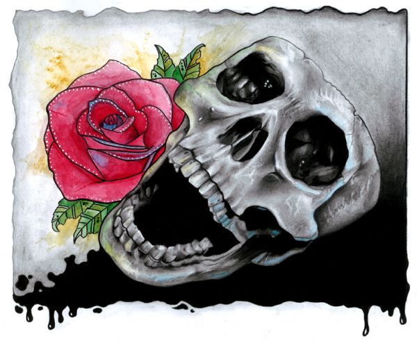 600x491 Draw A Skull And Rose With Pencils And Watercolours