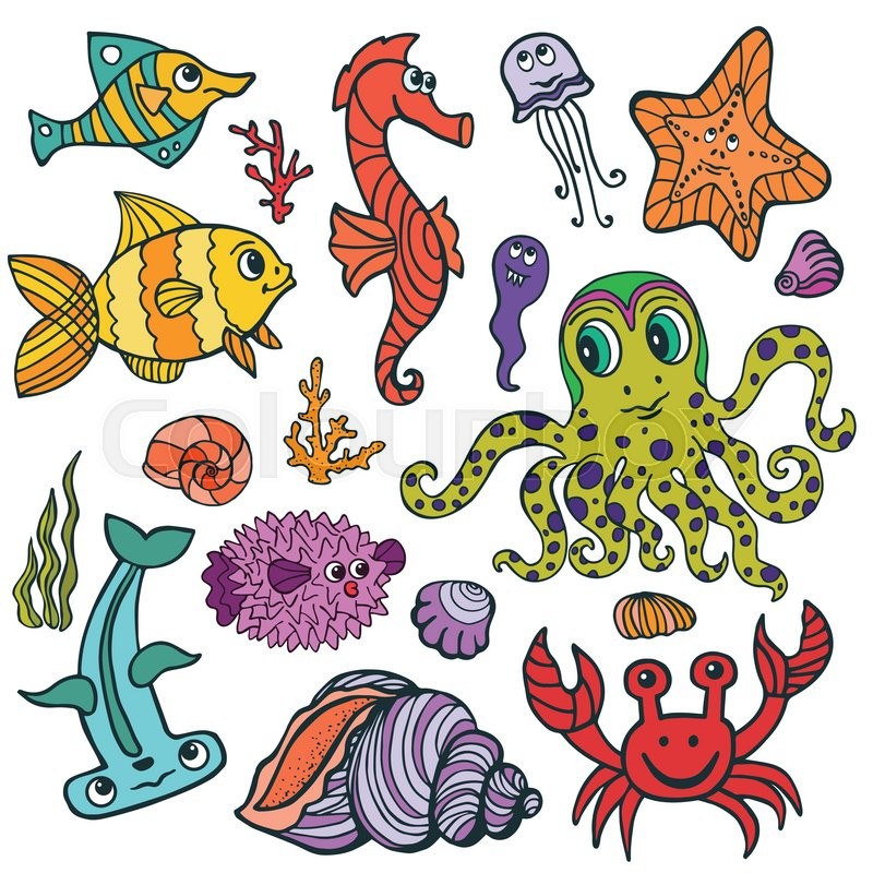 800x800 Sea Life Animals Set. Fish And Octopus, Crab, Seahorse With Coral