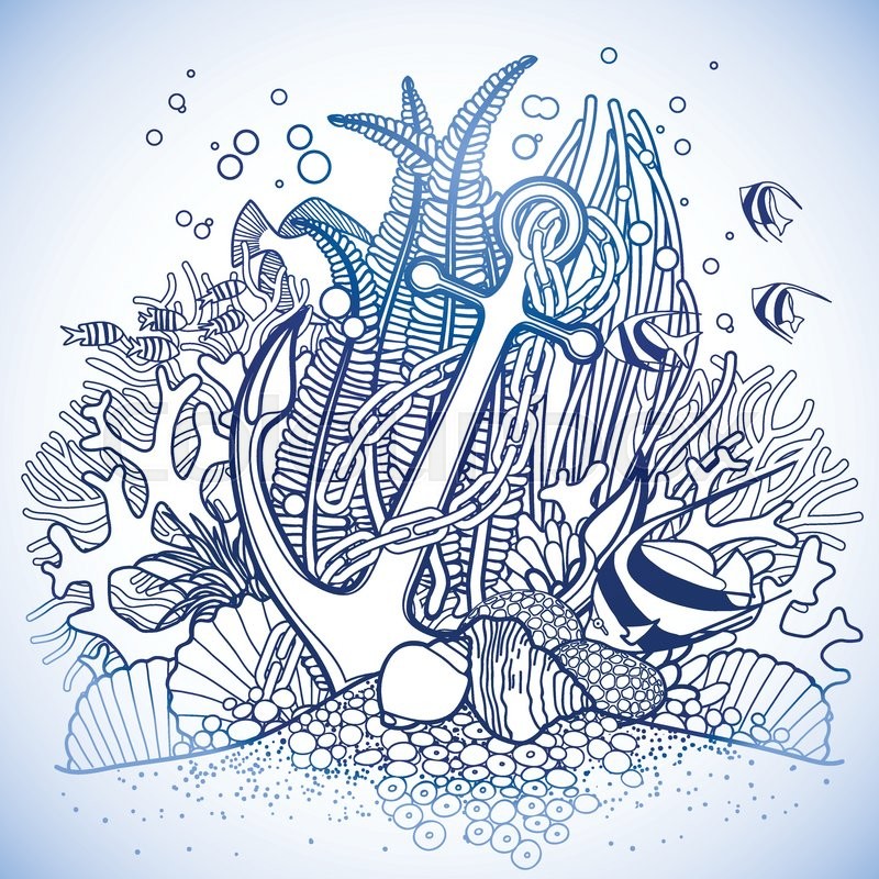 800x800 Anchor Coral Reef Drawn In Line Art Style. Ocean Fish