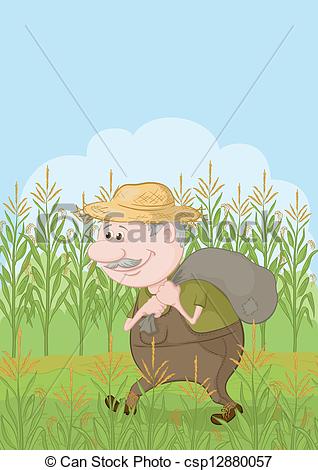 318x470 Farmer Cartoon Man Carries A Sack In The Corn Field. Vector