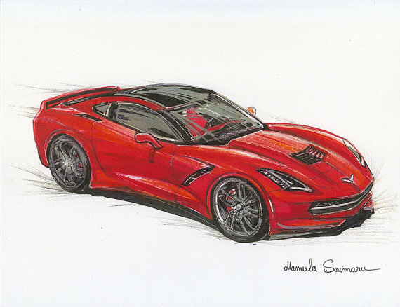 570x438 Chevrolet Stingray Painting Muscle Car Drawing Print Car