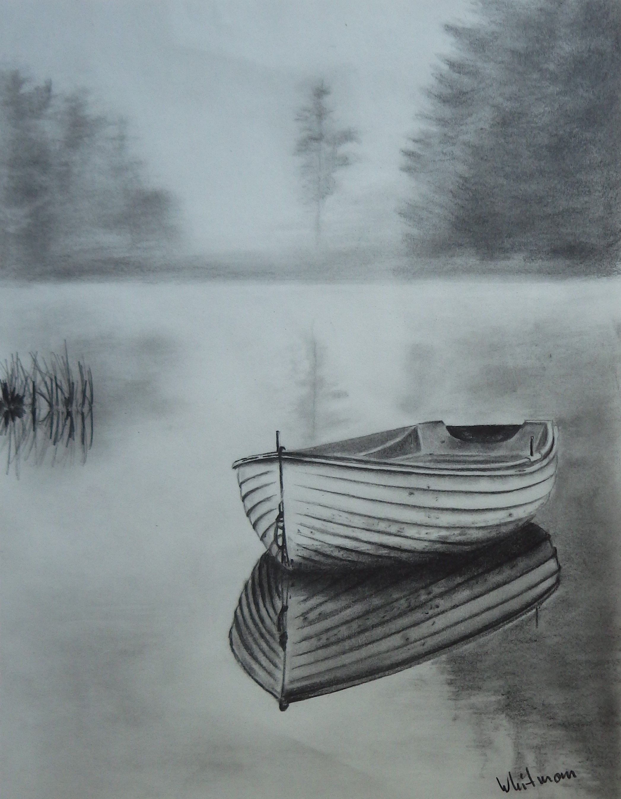 2094x2693 Misty Row Boat Sketch, Water Reflections. Original Art, Graphite