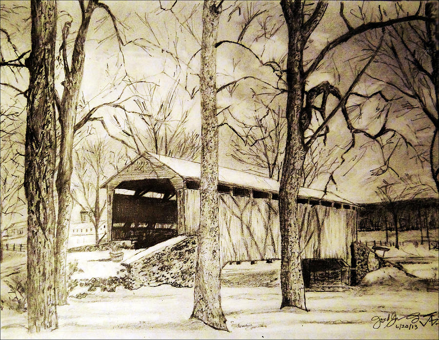 900x698 Lancaster Covered Bridge In Winter Drawing By Jose A Gonzalez Jr