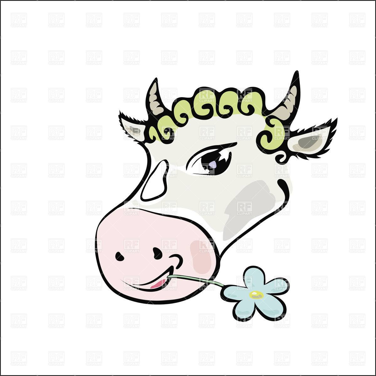 1200x1200 Simple Drawn Cow With Flower Royalty Free Vector Clip Art Image