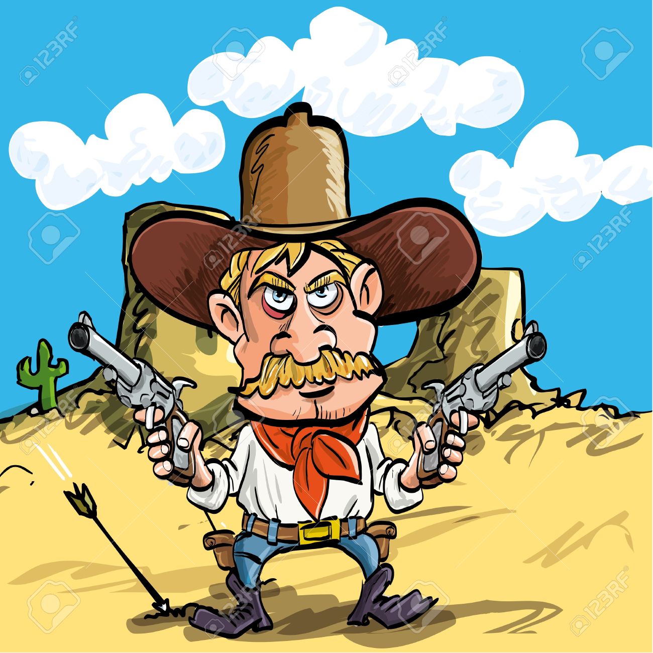 1300x1300 Cartoon Cowboy Drawing His Guns In The Desert Royalty Free