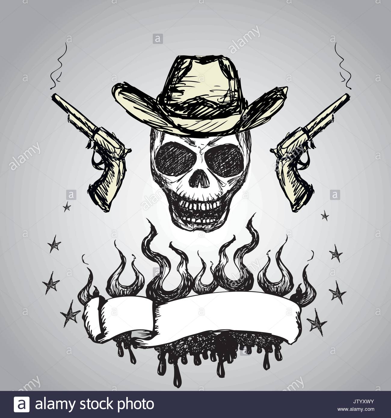 1300x1390 Cowboy Skull With Revolvers And Ribbon For Text, Hand Drawing