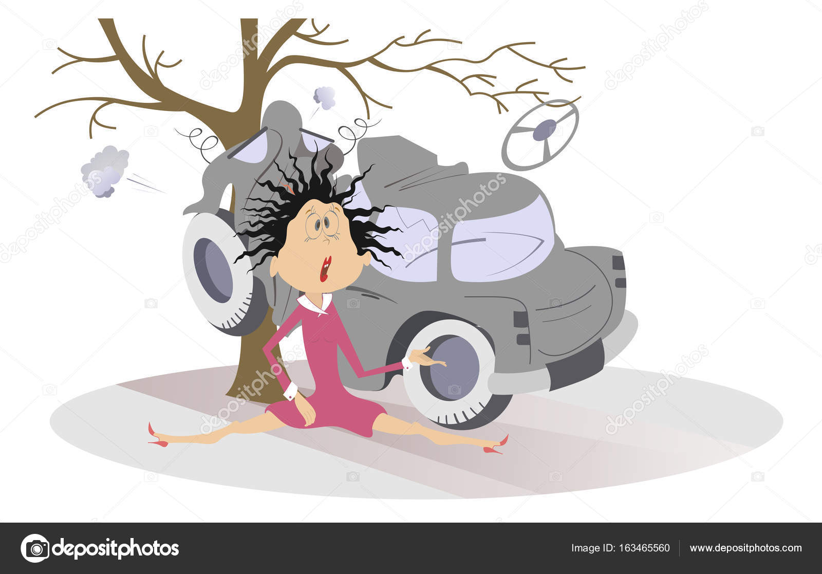 1600x1117 Road Accident, Crashed Car And Young Woman Stock Vector Sotosy