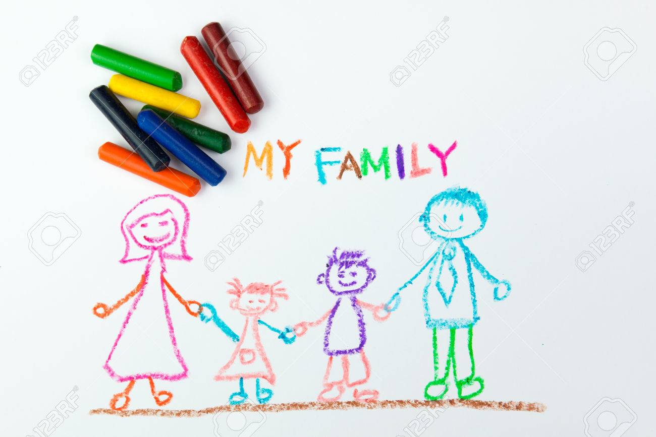 1300x867 Child's Drawing Of My Happy Family Using Crayon Stock Photo