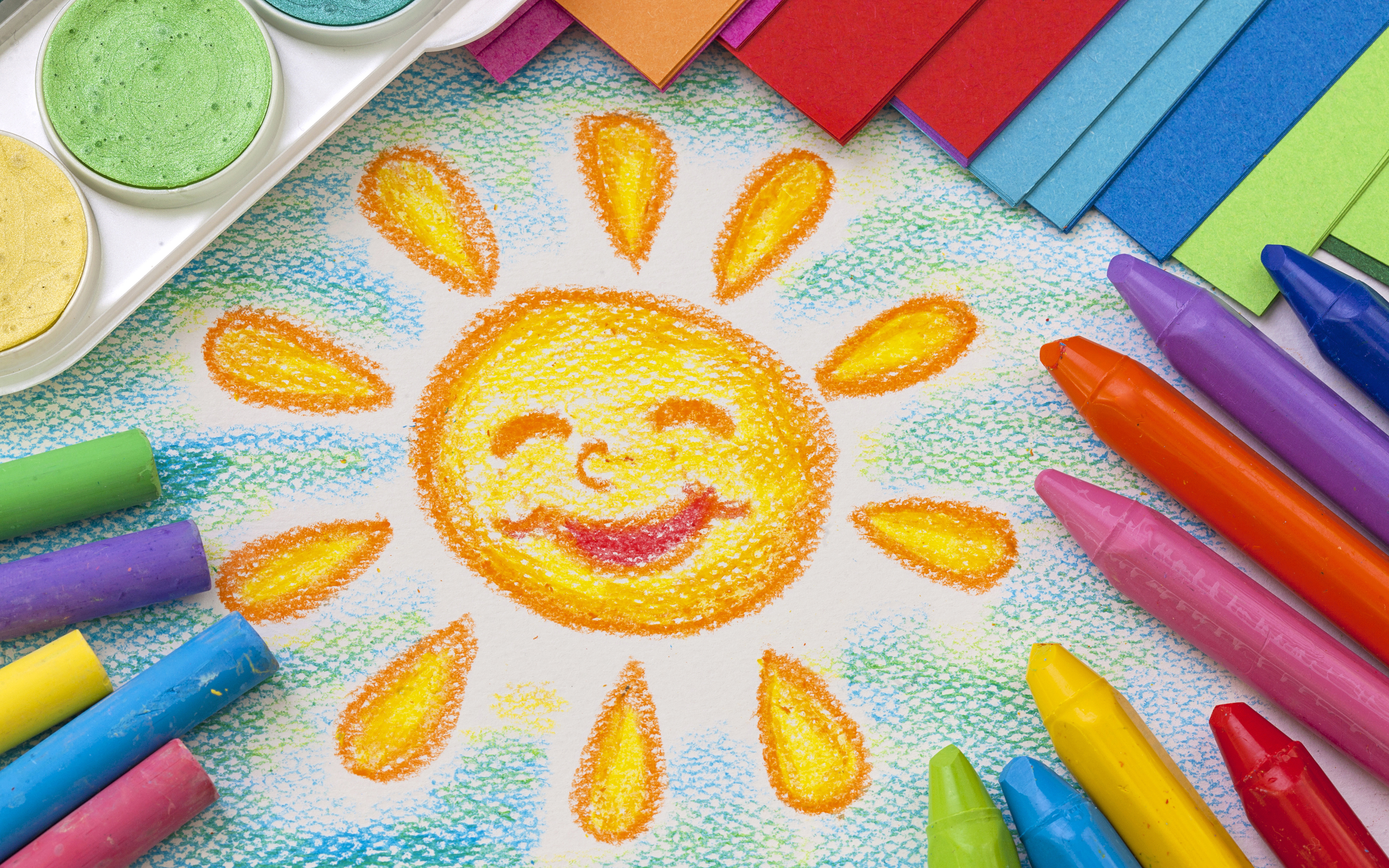 3840x2400 Wallpaper Crayon Drawing, Colorful, Sun, Hd, 4k, Creative Graphics