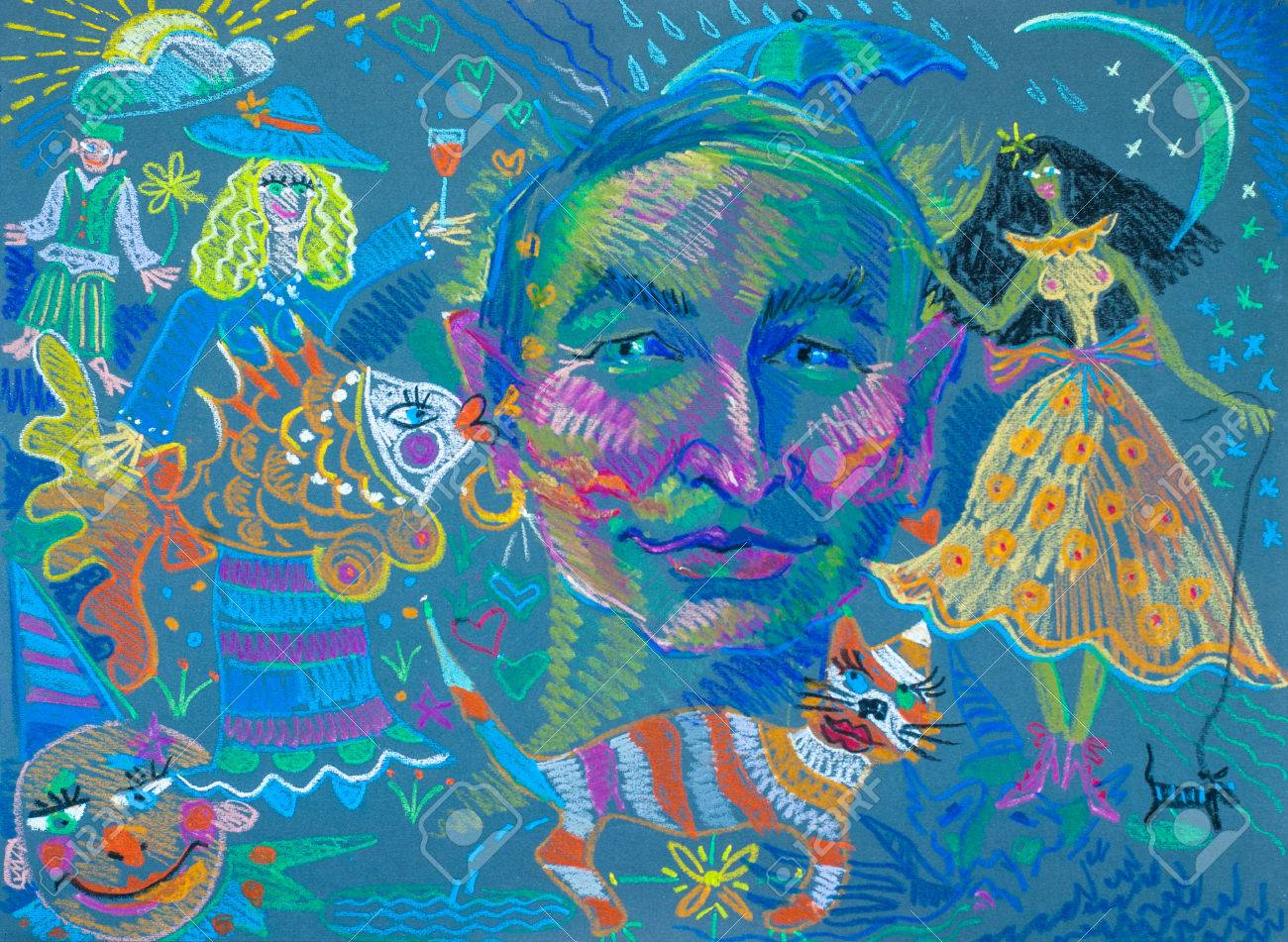 1300x951 A Picture Drawn With Crayons. A Child's Drawing, Cat Fish Princess