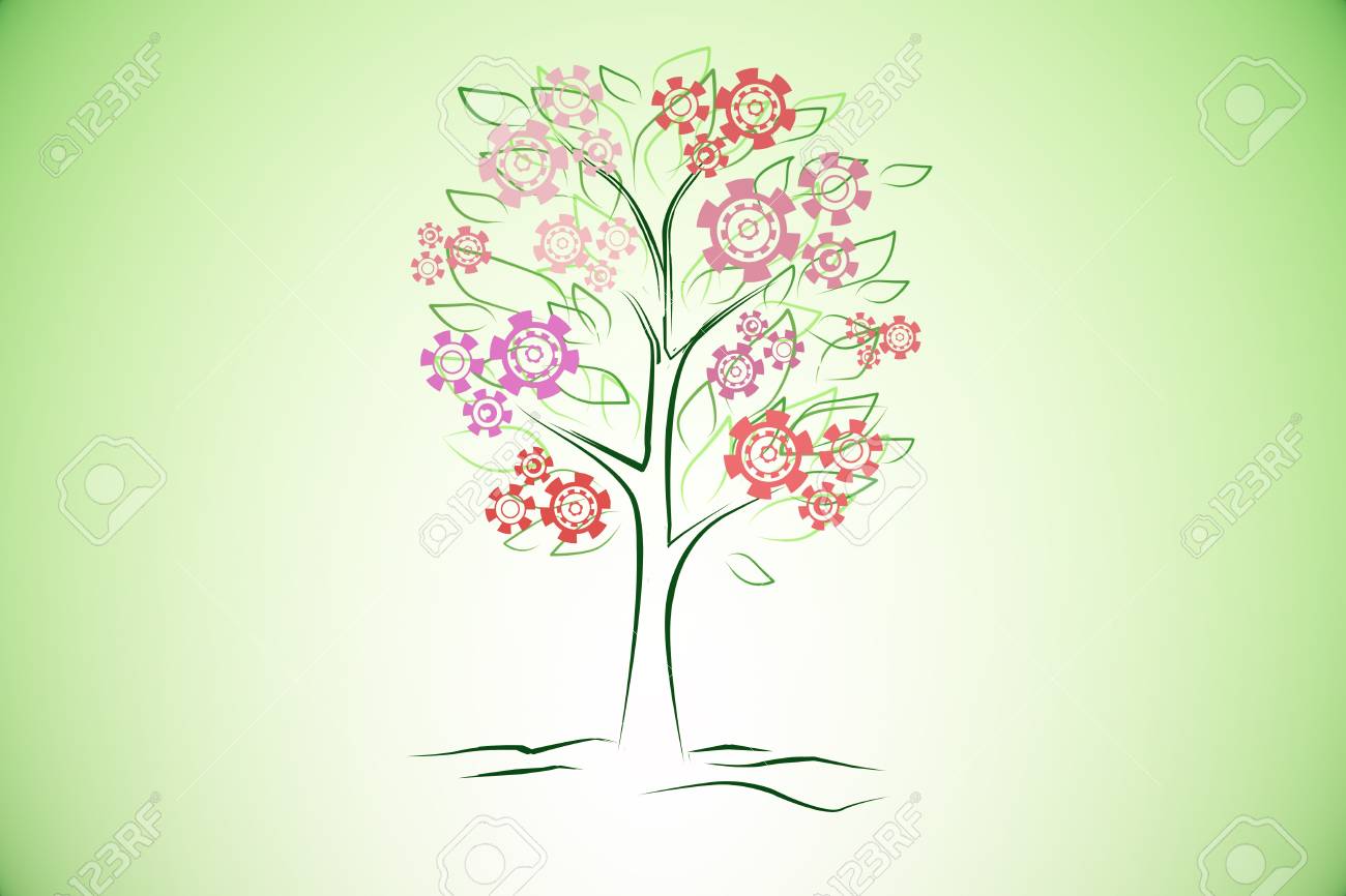 1300x866 Creative Digital Tree Drawing With Abstract Cogwheel Flowers