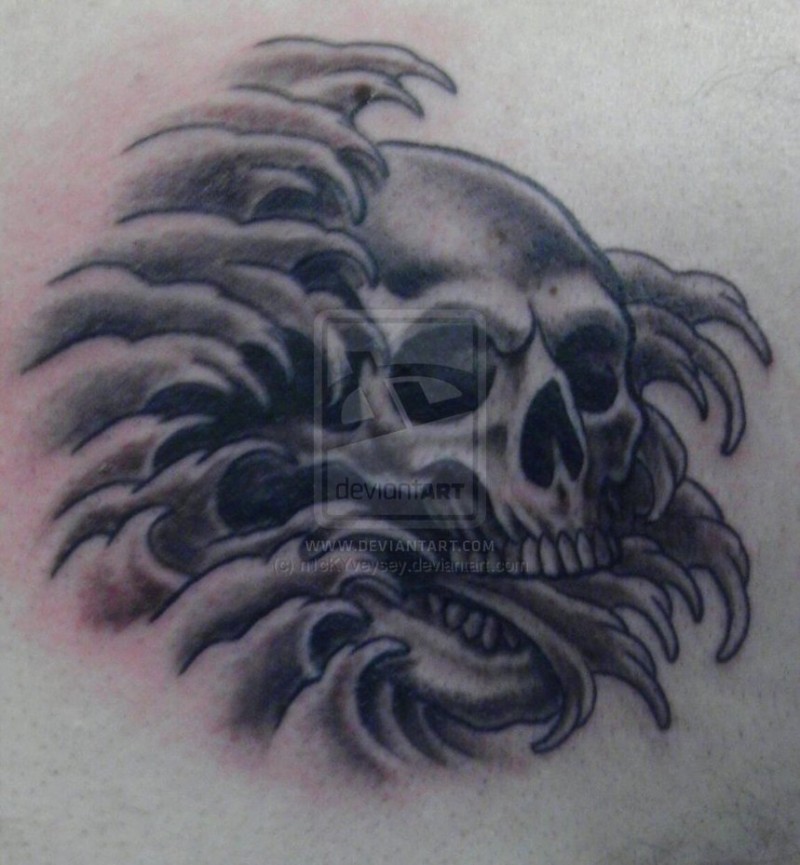 800x865 Simple Detailed Black Ink Creepy Skull In Waves Tattoo
