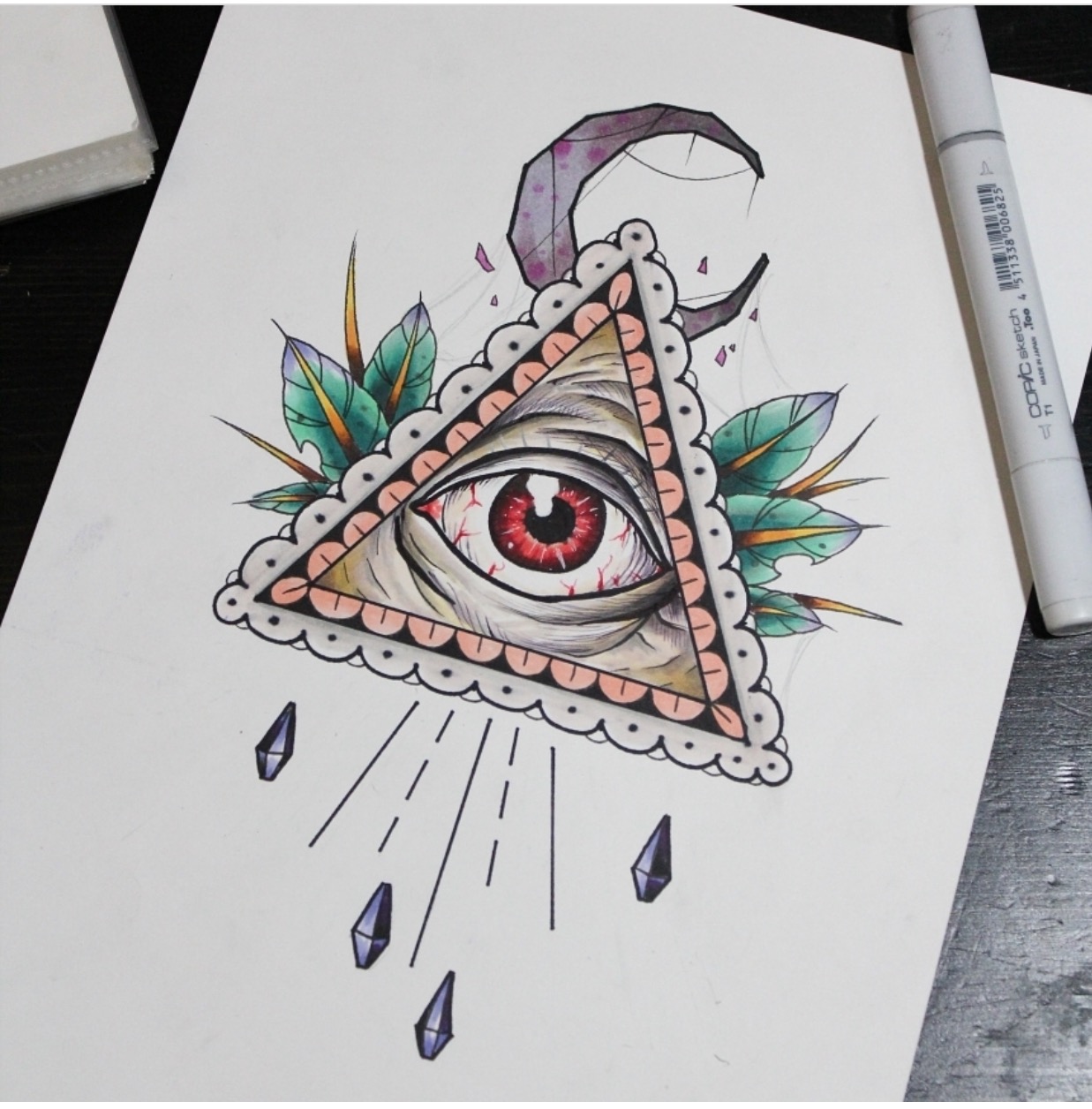 1237x1256 All Seeing Eye With Crescent Moon Leaves And Diamonds Found