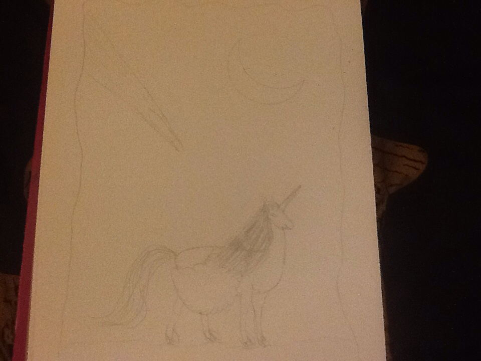 960x720 Drawing Of Winged Unicorn With Comet And Moon Crescent