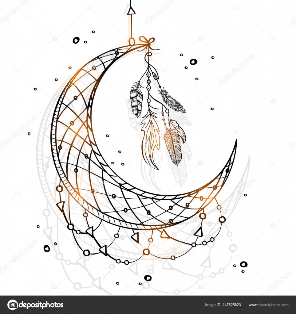 963x1024 Hand Drawn Dream Catcher With Crescent Moon. Stock Vector