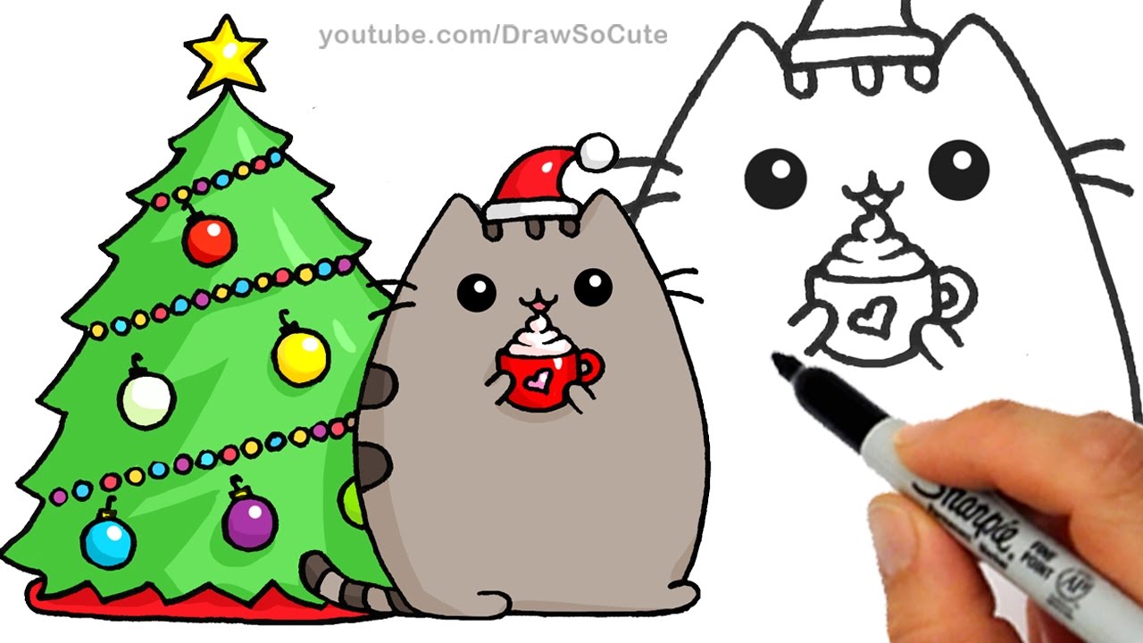 1280x720 How To Draw Christmas Holiday Pusheen Cat Step By Step Easy