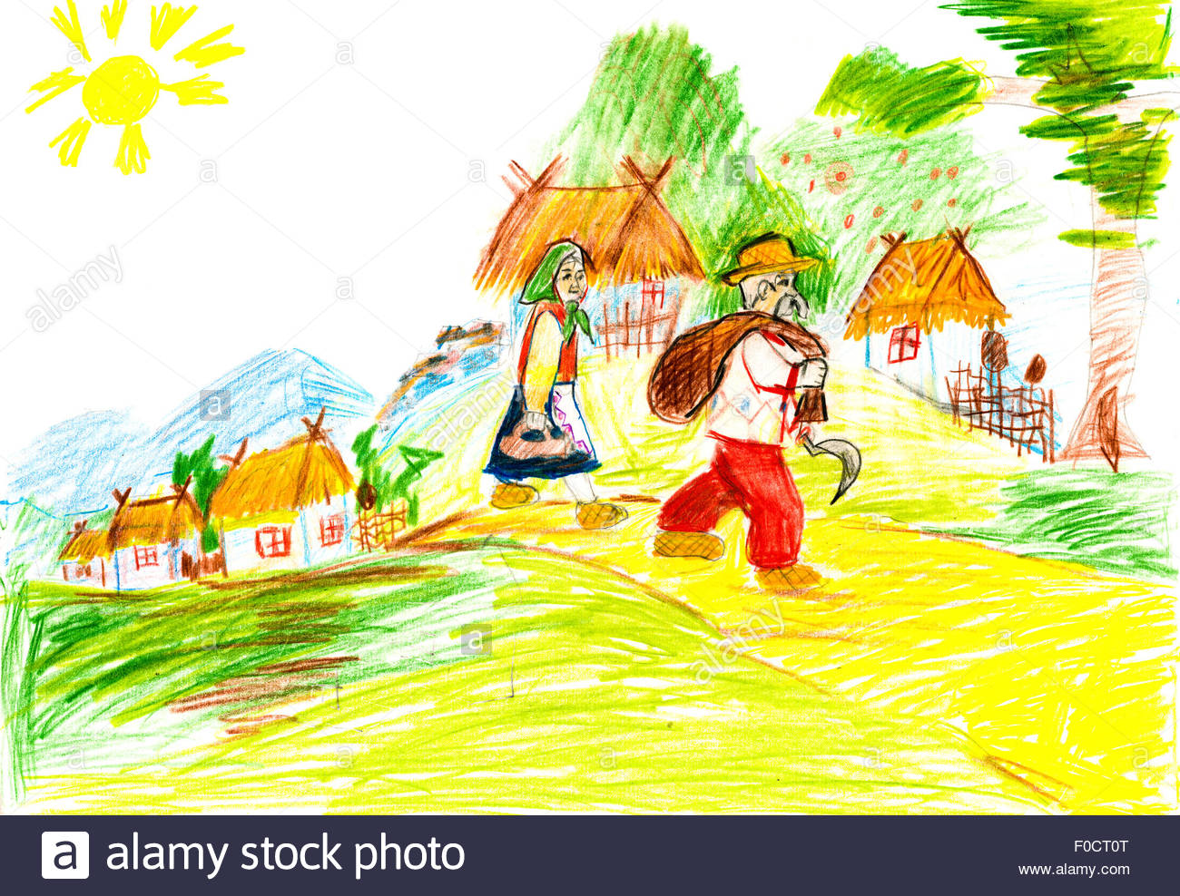 1300x988 People Are Going Harvest Crops. Child's Drawing Stock Photo