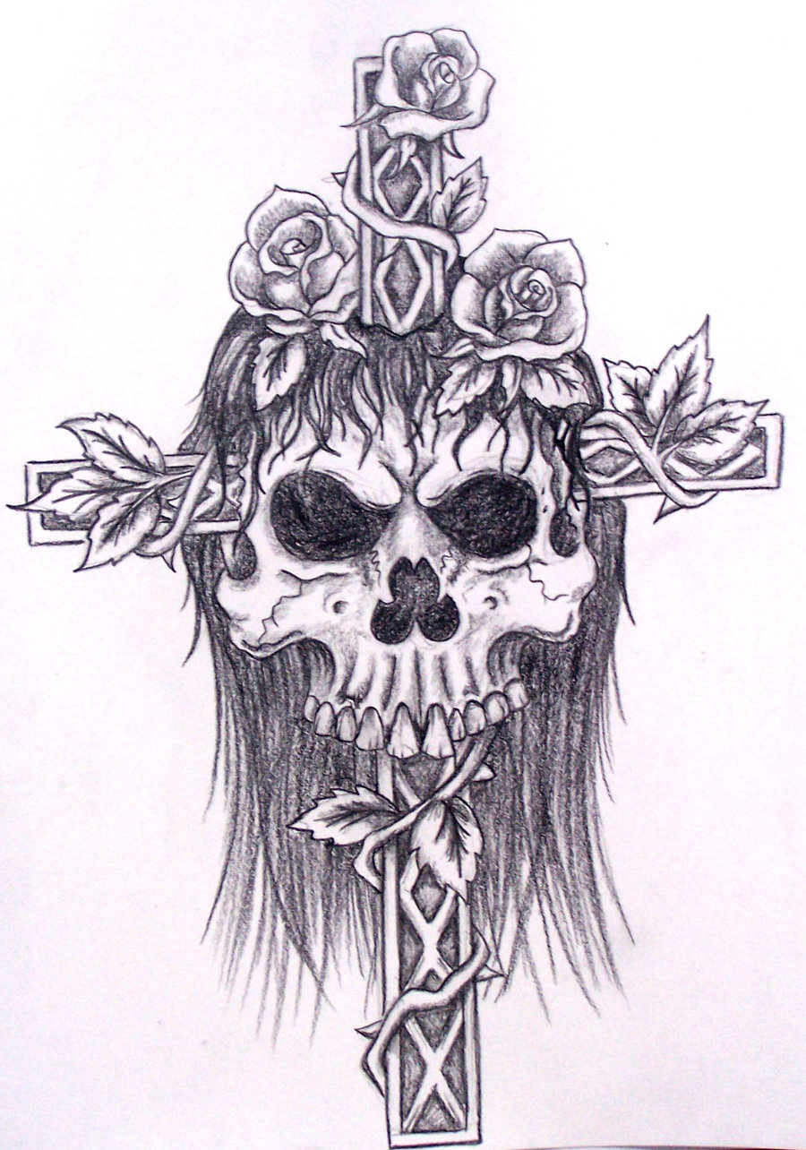 900x1284 Skull With Cross And Roses By Davart11